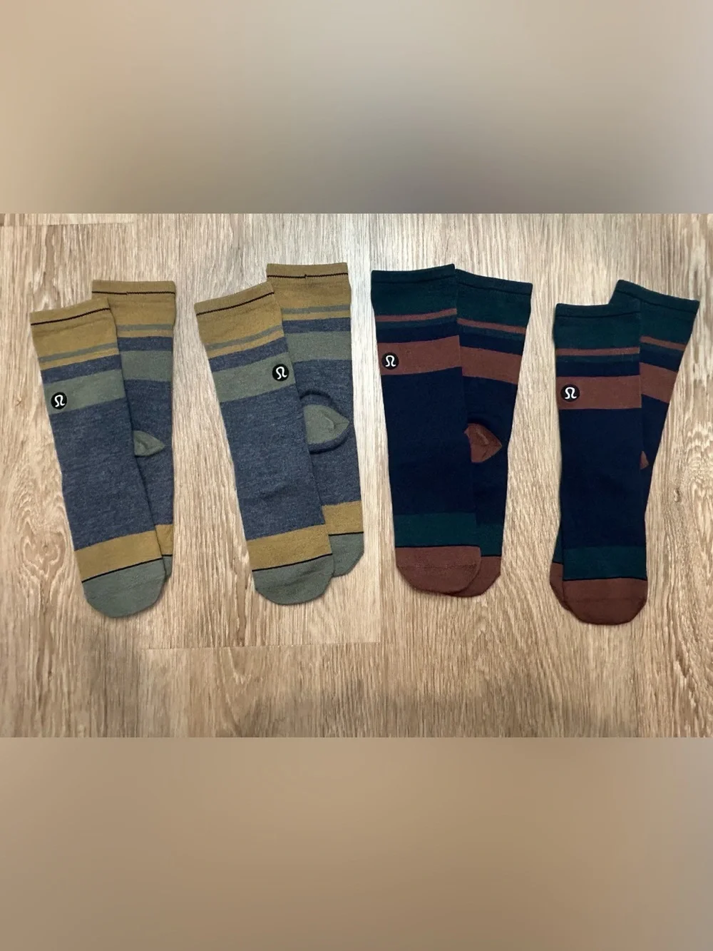 Lulu branded Men’s Striped Crew Dress Socks — Olive/Gray and Navy/Brown (2-Pack)